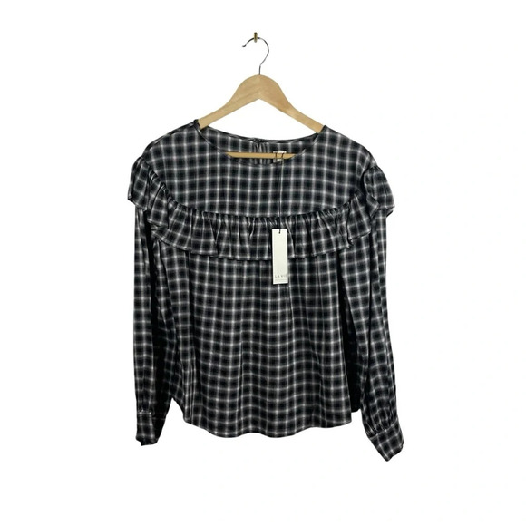 NWT La Vie Rebecca Taylor Plaid Ruffle Blouse in Black/White Size M - Picture 5 of 14